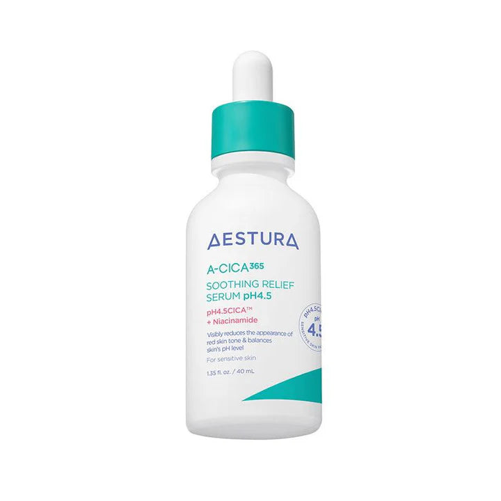 AESTURA A-CICA 365 Soothing Relief Serum in a 40ml pump bottle for calming, repairing, and fading blemish traces.