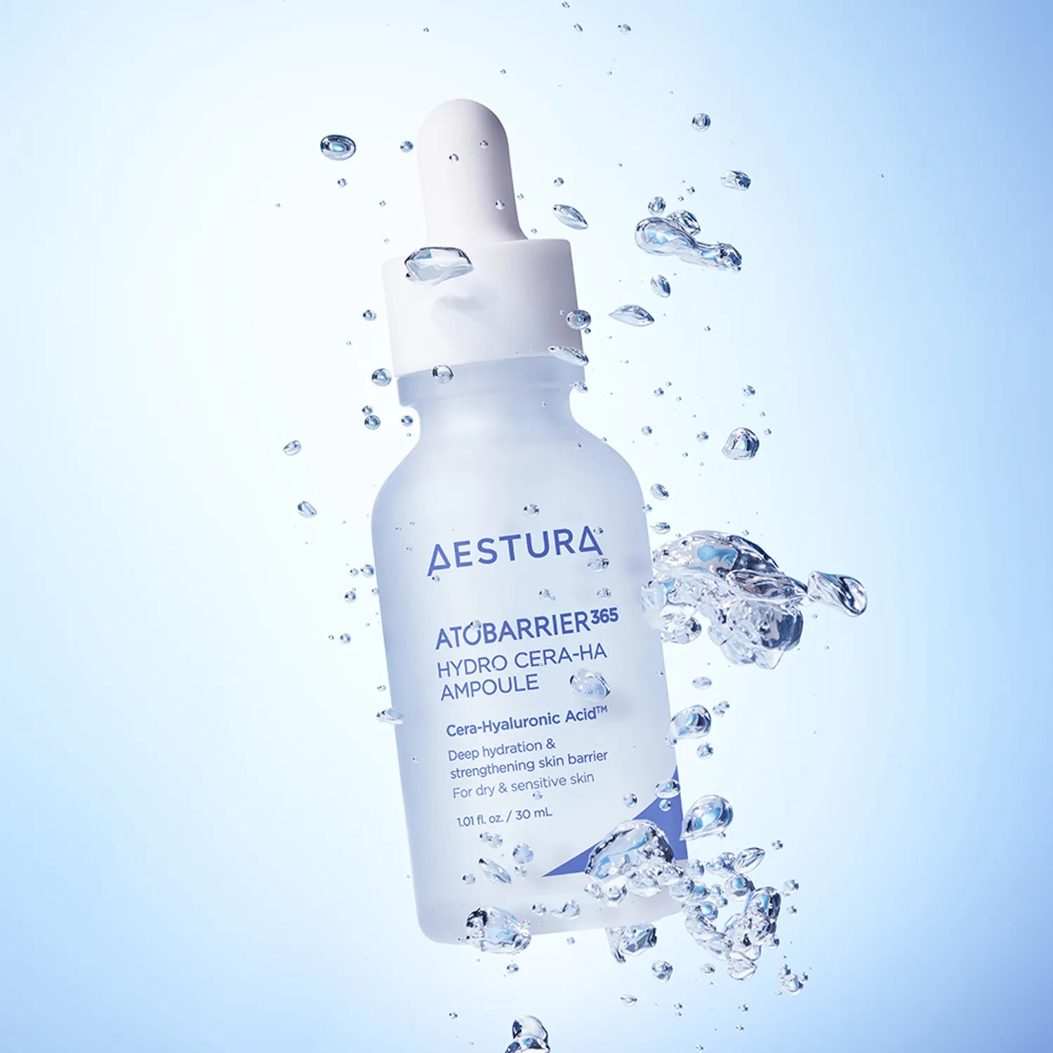 AESTURA Atobarrier 365 Hydro Cera-HA Ampoule in a 30ml bottle for deep hydration and barrier strengthening.