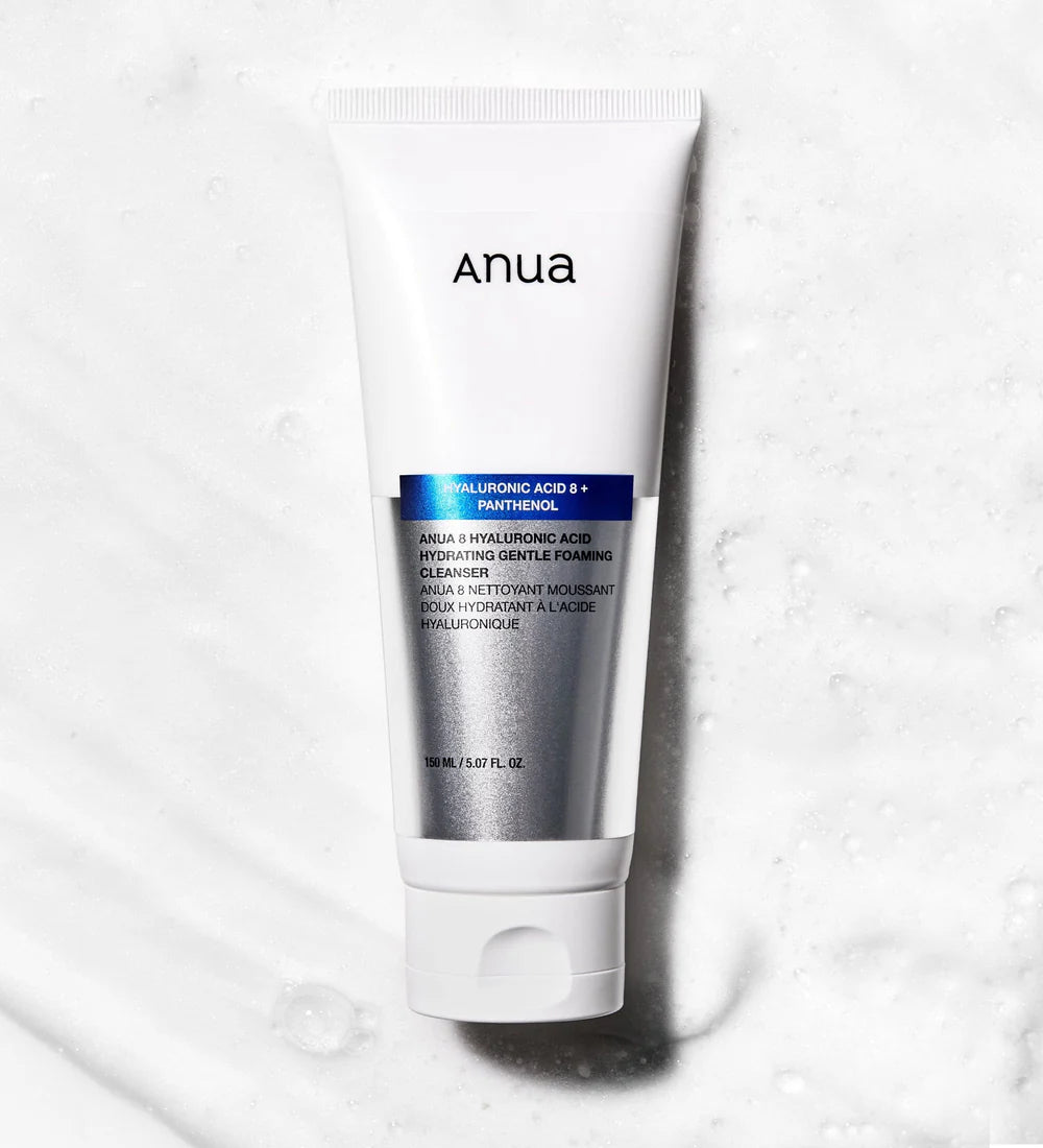 Anua 8 Hyaluronic Acid Hydrating Gentle Foaming Cleanser bottle with foam on hand, showcasing moisturizing Korean skincare cleanser.