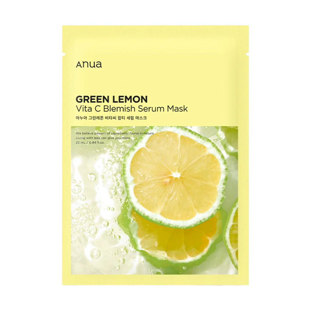 Anua Green Lemon Vita C Blemish Serum Mask – Korean skincare brightening sheet mask with Vitamin C, Glutathione, and Ferulic Acid to fade dark spots and hydrate.