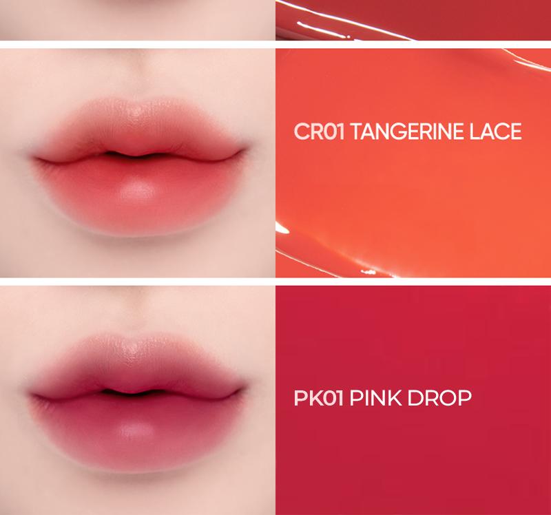 Lipstick swatches labeled 'CR01 Tangerine Lace' and 'PK01 Pink Drop' on a red background.