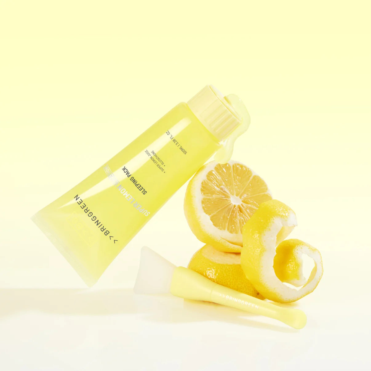BRINGGREEN Super Lemon Glutathione Sleeping Pack – vitamin-rich overnight gel mask with Jeju lemon and glutathione to brighten and hydrate tired skin.