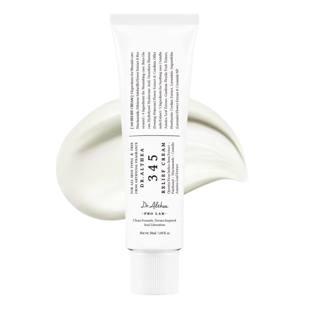 White tube of Dr.Althea 345 Relief Cream with clean gel texture on a minimal background