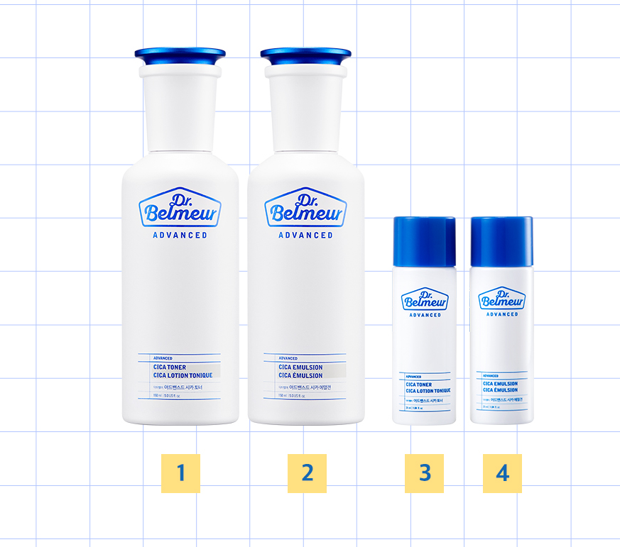 Dr. Belmeur Advanced Cica Skincare Set with full and travel sizes of toner, emulsion, and recovery cream in clean, minimal packaging