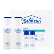 Dr. Belmeur Advanced Cica Skincare Set with full and travel sizes of toner, emulsion, and recovery cream in clean, minimal packaging