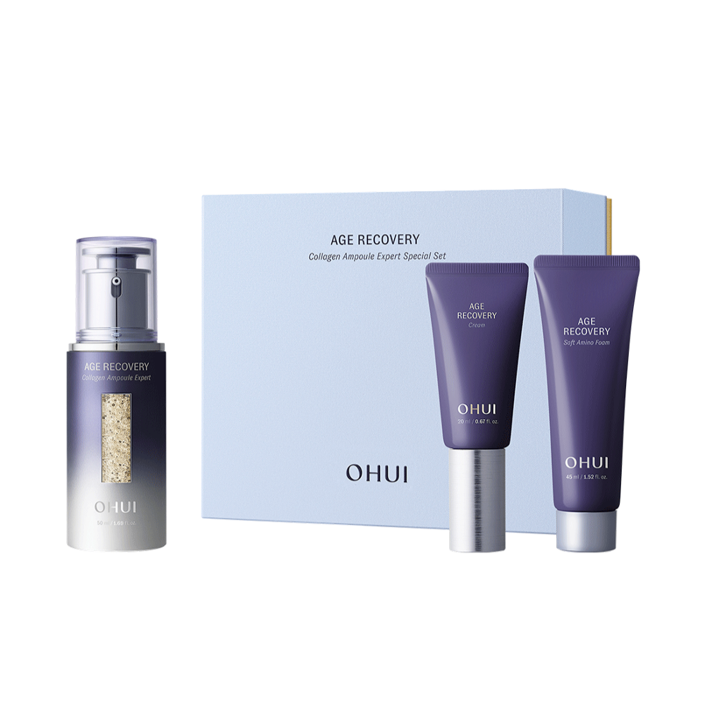 OHUI Age Recovery skincare set with serum, cream, and box on a white background
