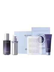 Ouhu skincare product set with bottles, packets, and a box on a white background