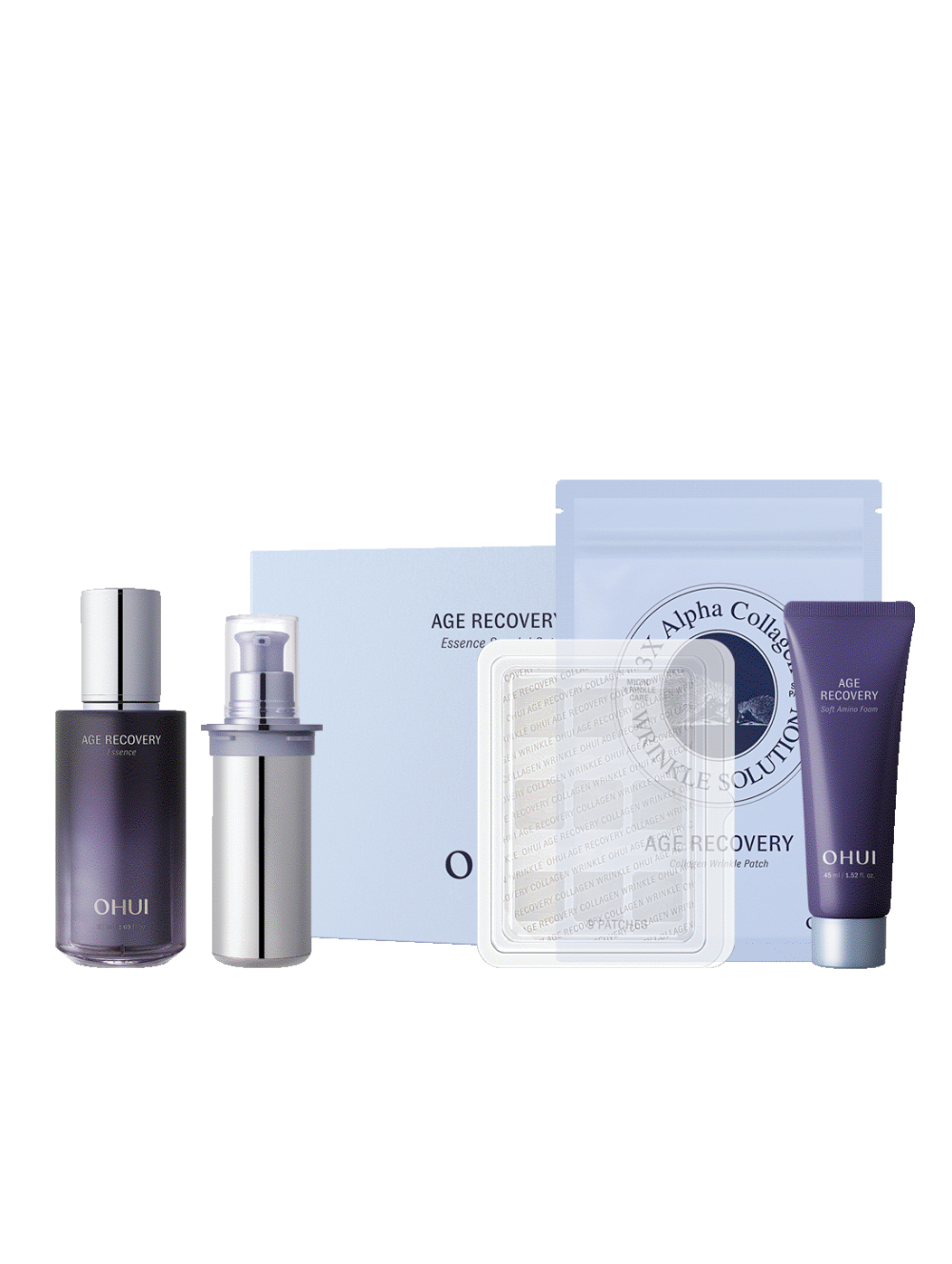Ouhu skincare product set with bottles, packets, and a box on a white background
