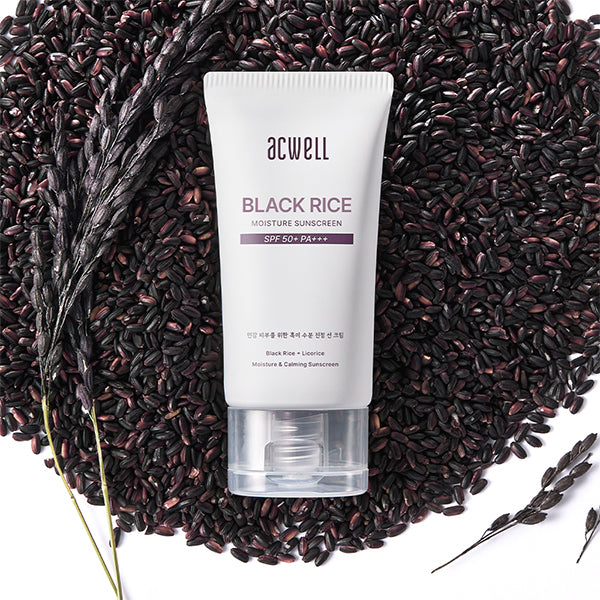 Acwell Black Rice Moisture Sunscreen tube with SPF 50+ label and clean, minimal design