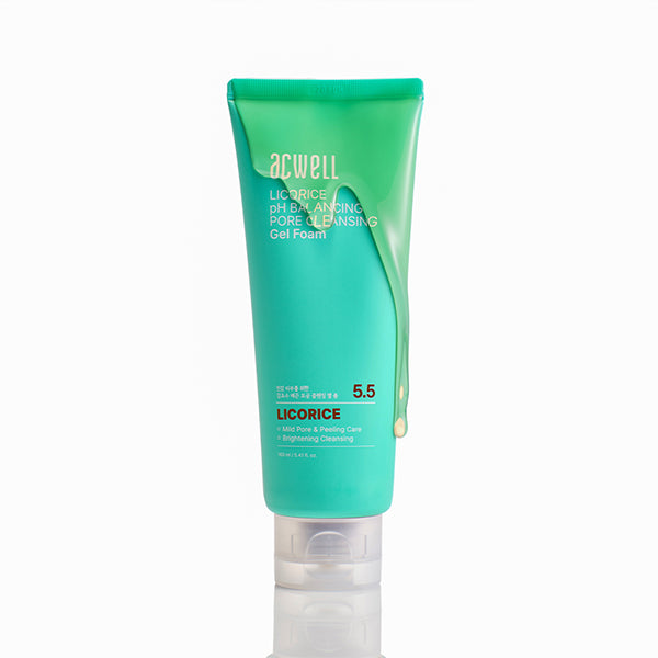 Acwell Licorice pH Balancing Gel Foam Cleanser with clear gel texture in a sleek pump bottle
