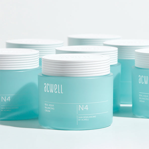 Acwell Real Aqua Balancing Cream in a sleek blue jar with lightweight gel-cream texture