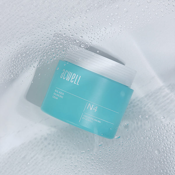 Acwell Real Aqua Balancing Cream in a sleek blue jar with lightweight gel-cream texture