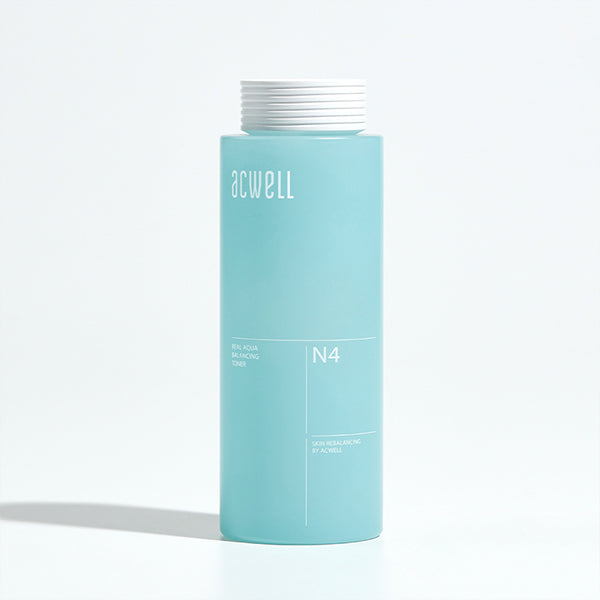 Acwell Real Aqua Balancing Toner in a sleek, clear-blue bottle with watery, fast-absorbing texture