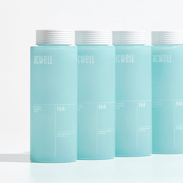 Acwell Real Aqua Balancing Toner in a sleek, clear-blue bottle with watery, fast-absorbing texture