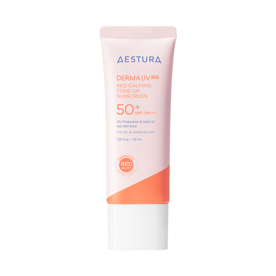AESTURA Derma UV365 Red Calming Tone-up Sunscreen in a 40ml tube for redness correction and UV protection.