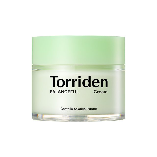 A jar of Torriden Balanceful Cica Soothing Cream with a green lid and label that reads 'Centella Asiatica Extract'.