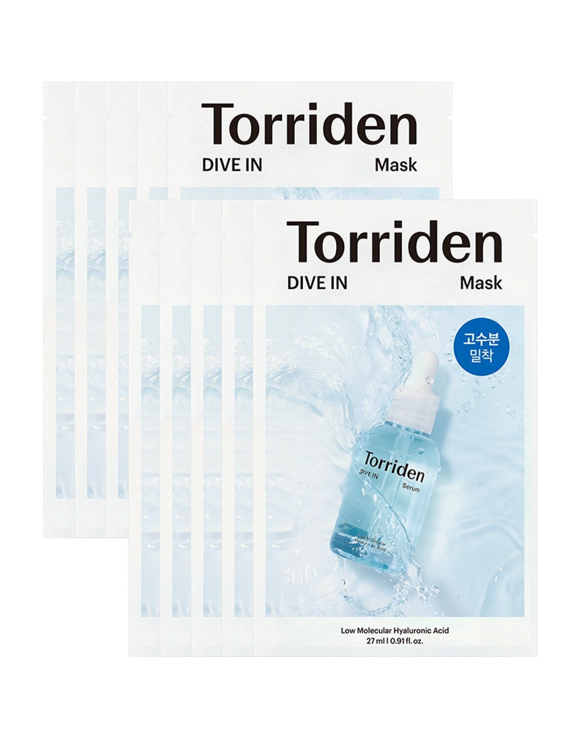 Packaging of Torriden DIVE IN Low Molecule Hyaluronic Acid Mask Sheet, showing the product name and the number of sheets, with a visual of the mask sheet and a bottle of essence.