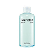 A clear plastic bottle containing a blue-toned liquid labeled as Torriden DIVE IN Toner.