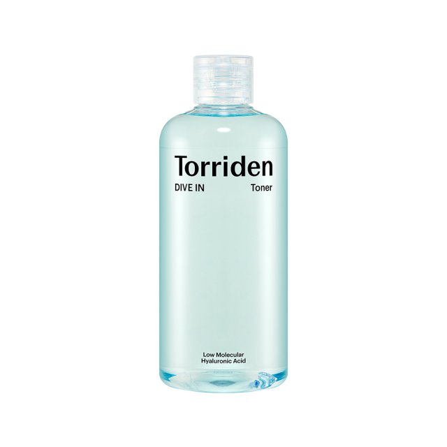 A clear plastic bottle containing a blue-toned liquid labeled as Torriden DIVE IN Toner.