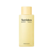 A yellow bottle of Torriden Solid In Ceramide All Day Essence with black text indicating it is a skin care product.