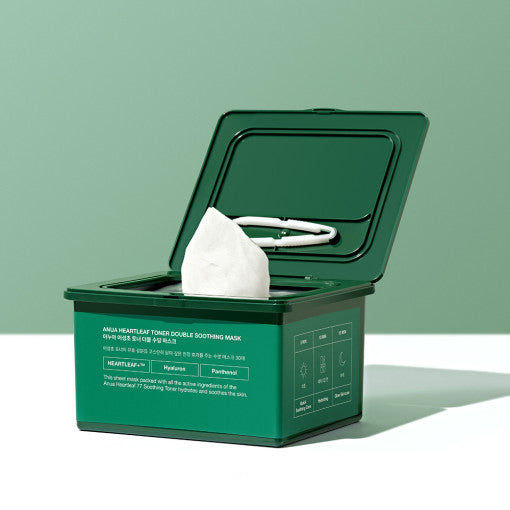 Anua Heartleaf Toner Double Soothing Mask for Korean skincare, soothing redness and hydrating sensitive skin.