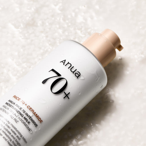 Anua Rice 70 Intense Moisturizing Milk – lightweight Korean skincare lotion for hydrating, brightening, and barrier support.