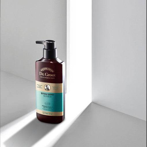 sleek 400ml Dr.Groot shampoo bottle for oily scalp with clean white and green design, Korean hair care packaging