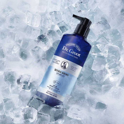 Dr.Groot Multi-Perfection Cooling Shampoo 400ml with icy blue-green design, Korean scalp care for thinning hair