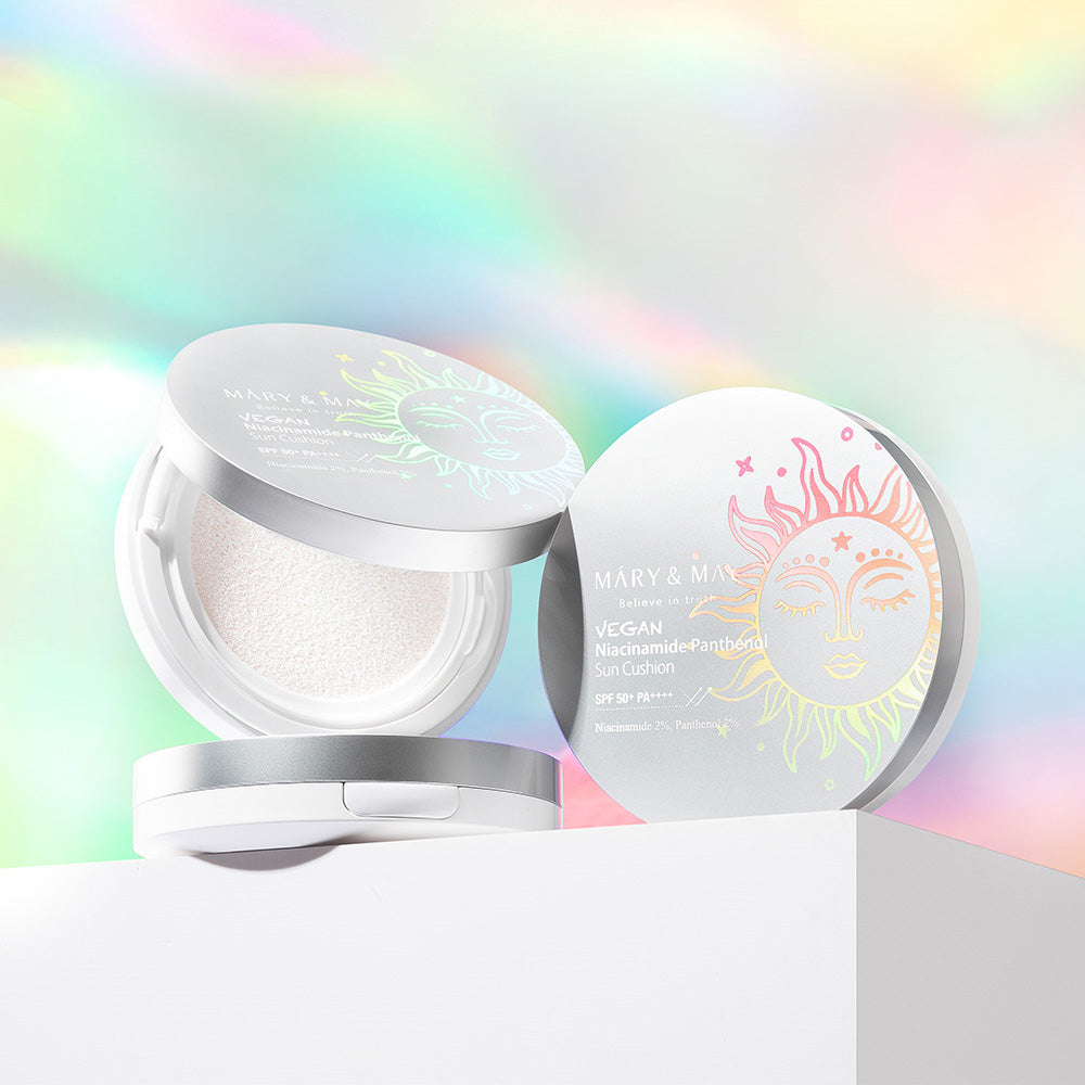 Vegan sun cushion with SPF 50+ PA++++, niacinamide, and hydrating ingredients for brightening and UV protection without white cast