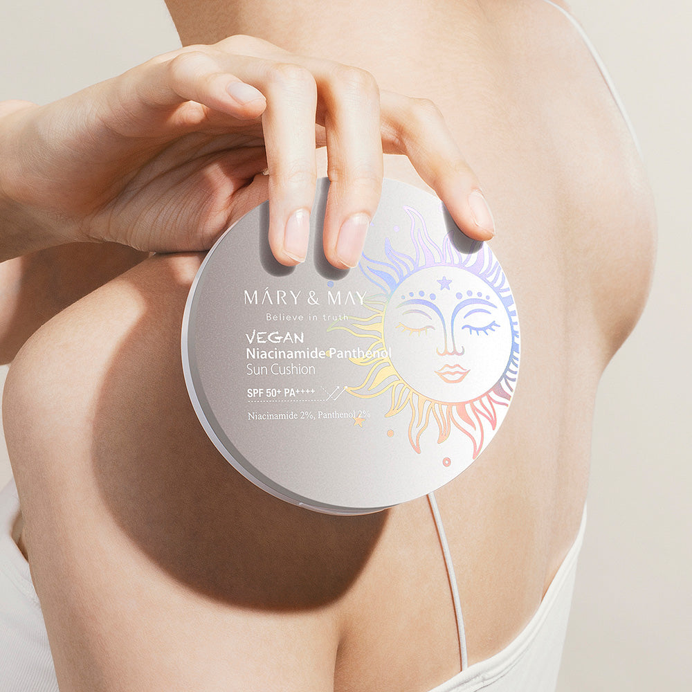 Vegan sun cushion with SPF 50+ PA++++, niacinamide, and hydrating ingredients for brightening and UV protection without white cast