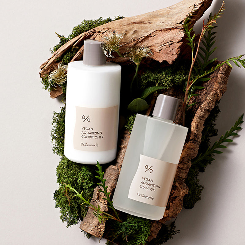 Dr. Ceuracle Vegan Aquarizing Shampoo bottle; hydrating vegan formula for dry, damaged hair and sensitive scalps