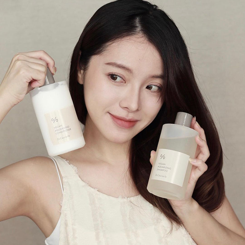 Dr. Ceuracle Vegan Aquarizing Shampoo bottle; hydrating vegan formula for dry, damaged hair and sensitive scalps