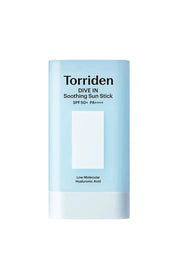 A stick-shaped sunscreen product with a blue and white packaging, labeled 'Torriden DIVE IN Soothing Sun Stick SPF 50+ PA++++'.