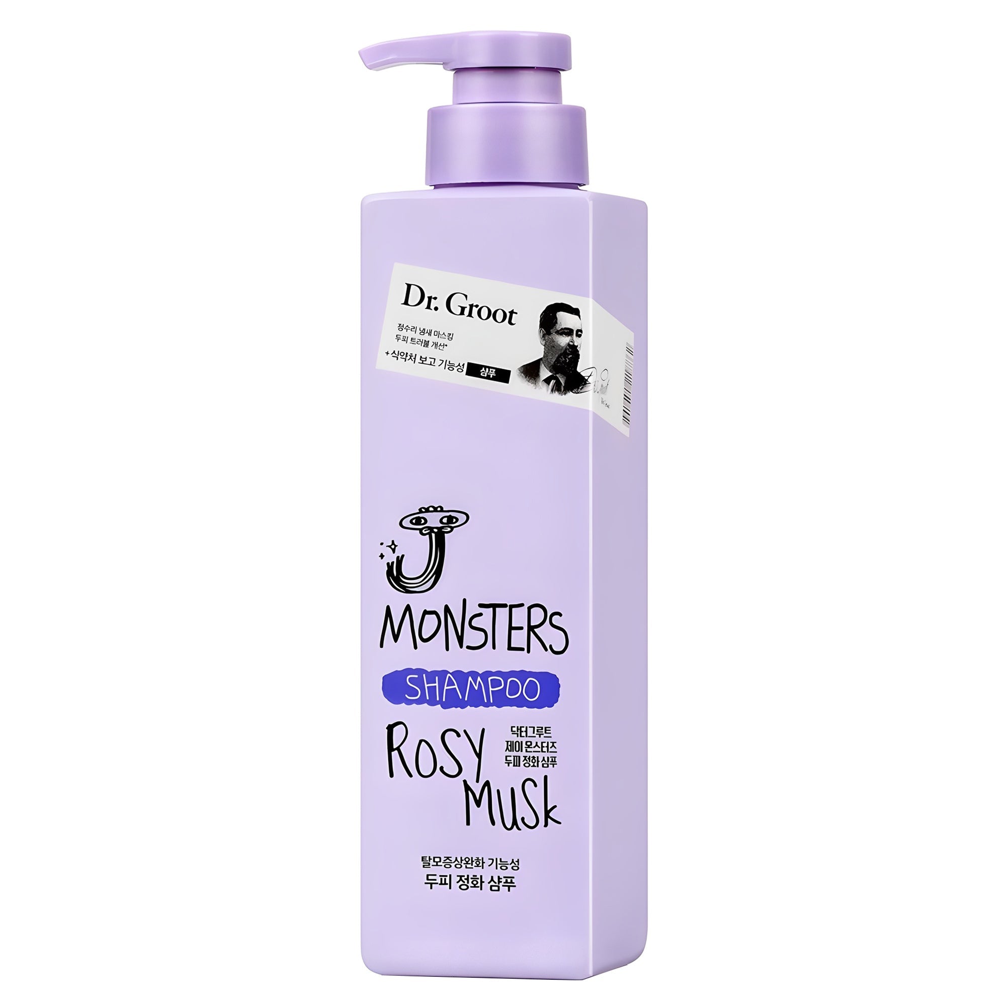 Purple shampoo bottle with 'Dr. Groot' branding on a white background