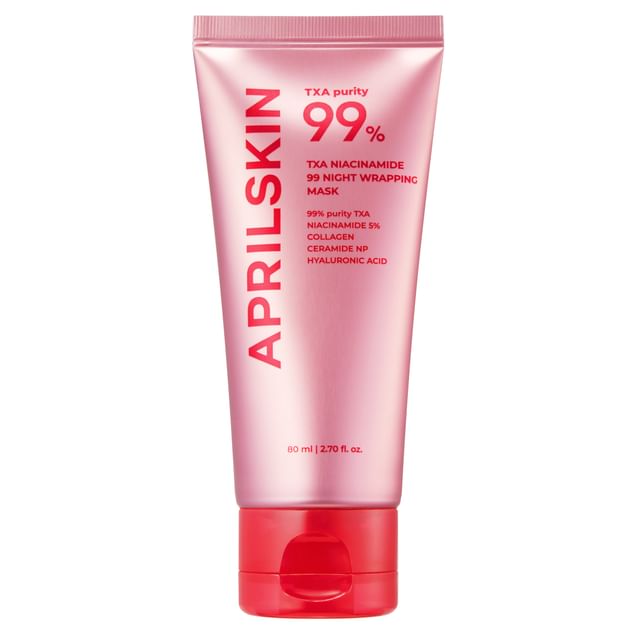 Pink skincare tube with red cap on a white background