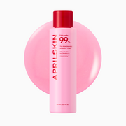 Pink skincare bottle with red cap on a white background