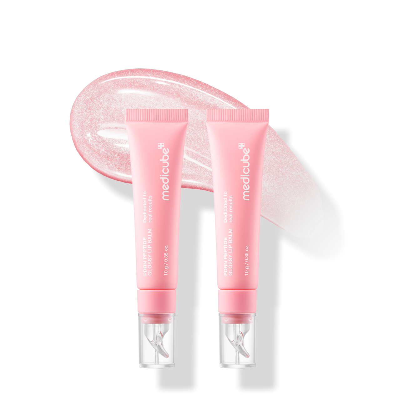 Two glossy medicube lip balm tubes on minimal background, sleek packaging, Korean lip care duo