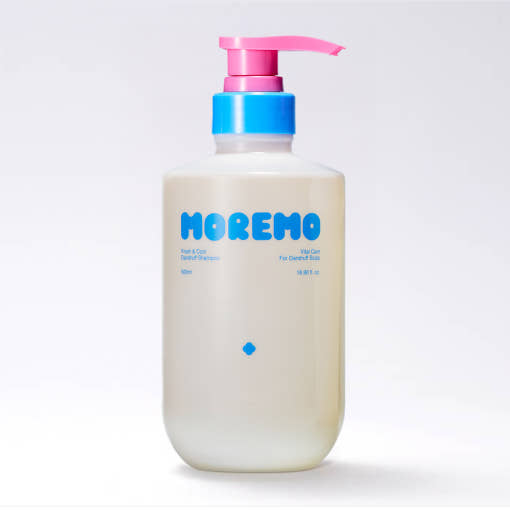 tall bottle of moremo Fresh & Cool Shampoo with minty blue label, anti-dandruff and hair-loss Korean scalp cleanser