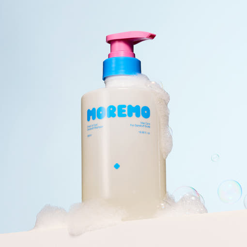 tall bottle of moremo Fresh & Cool Shampoo with minty blue label, anti-dandruff and hair-loss Korean scalp cleanser