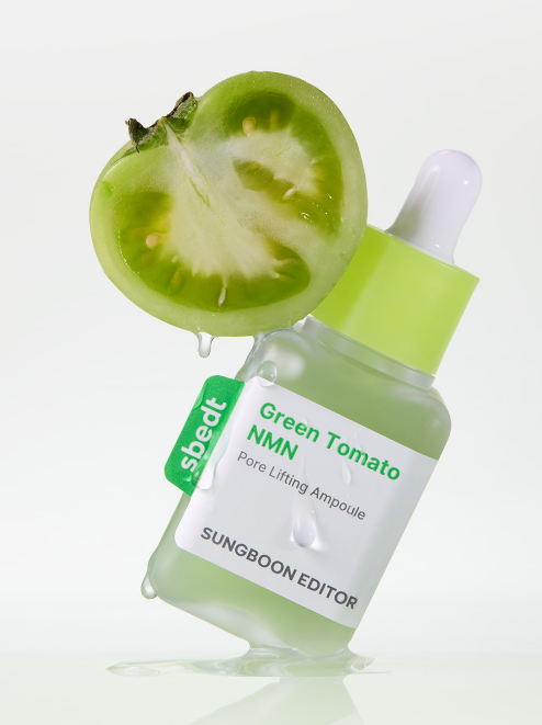 Sudbt Green Tomato NMN skincare ampoule with a green tomato on a white background