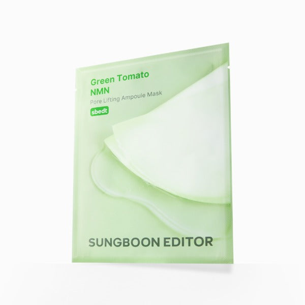 Green Tomato NMN sheet mask packaging with 'Sungboon Editor' branding on a white background