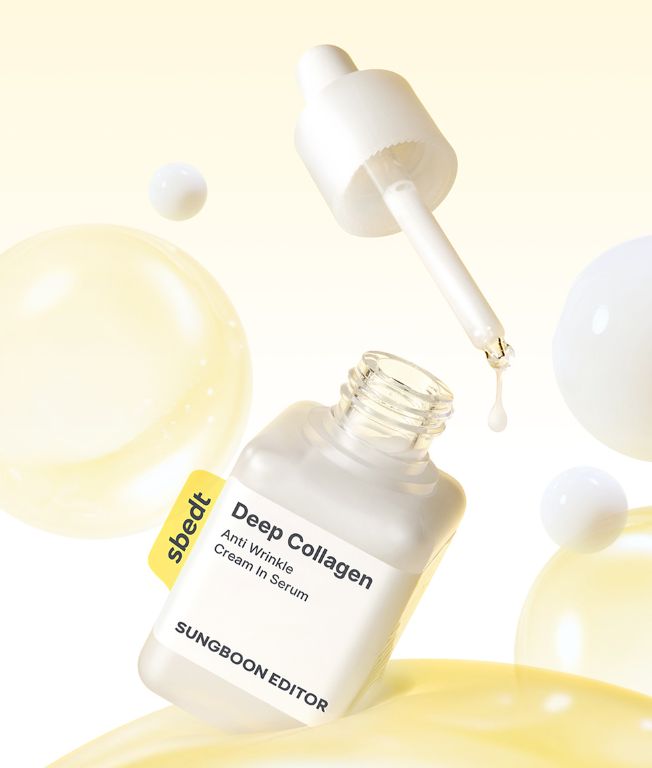 Sungboon Editor Deep Collagen skincare product with dropper on a light yellow background