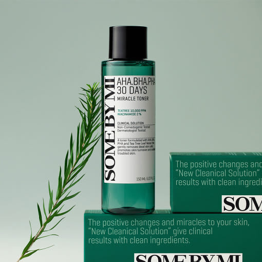 A bottle of SOME BY MI AHA BHA PHA 30 Days Miracle Toner placed in front of a box with the product's information visible. The background is a solid color with a green plant leaf adding a natural touch to the presentation.