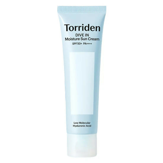 A tube of Torriden DIVE IN Watery Moisture Sun Cream with SPF 50+ PA++++, featuring hyaluronic acid, and a list of other ingredients.