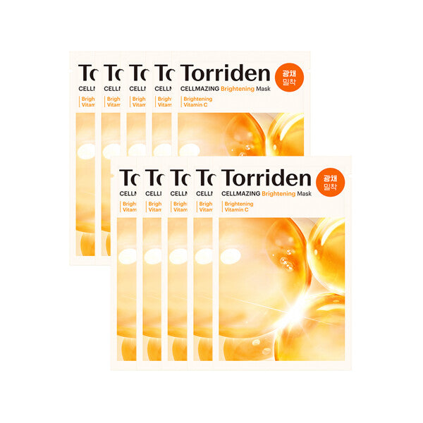 Packaging of Torriden Cellmazing Vita C Brightening Mask Sheets. The package contains 10 individual sheets of facial mask in an orange and yellow ombre design with product information in Korean.