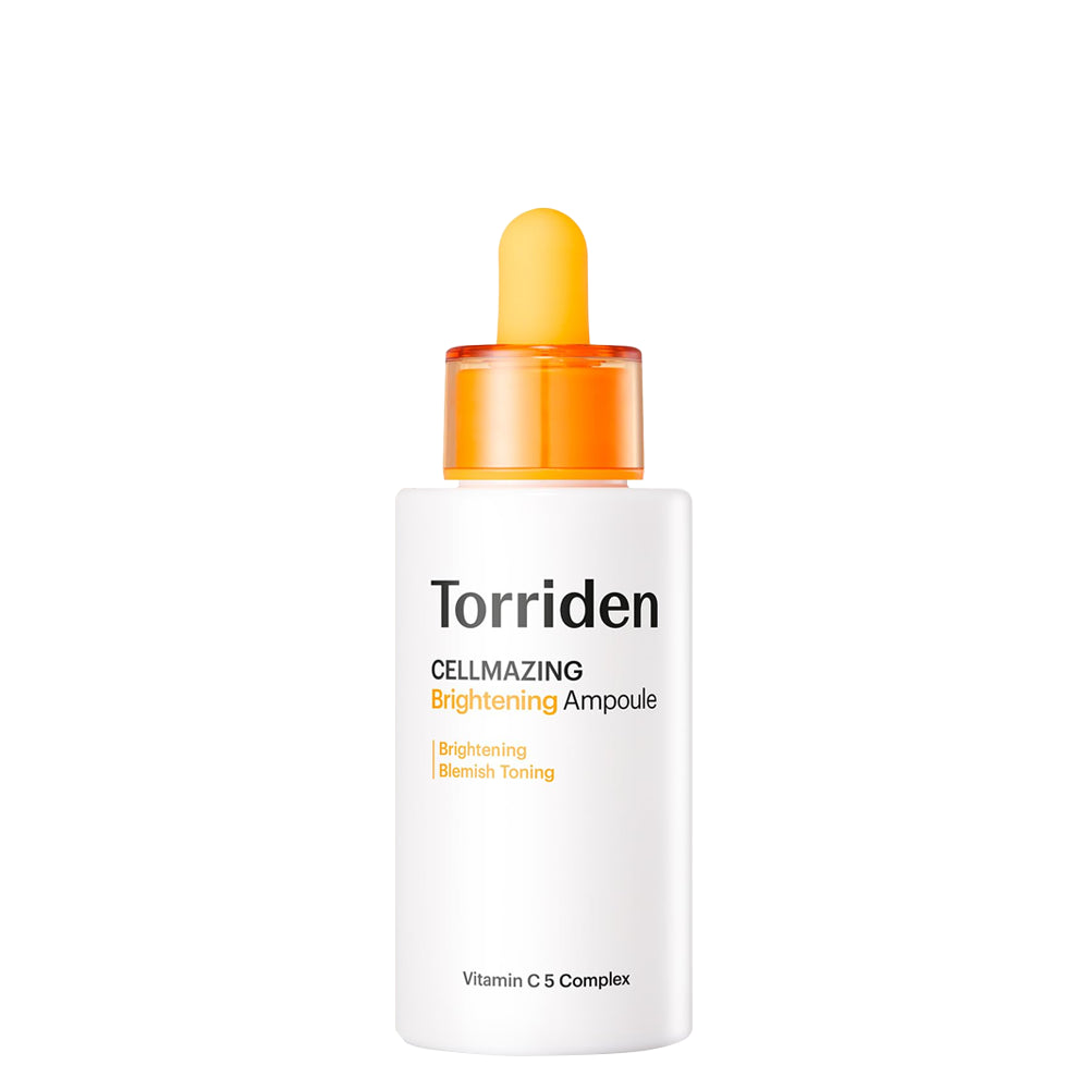 A bottle of Torriden Cellmazing VITA C Brightening Ampoule with a dropper, primarily white in color with orange accents and black text.